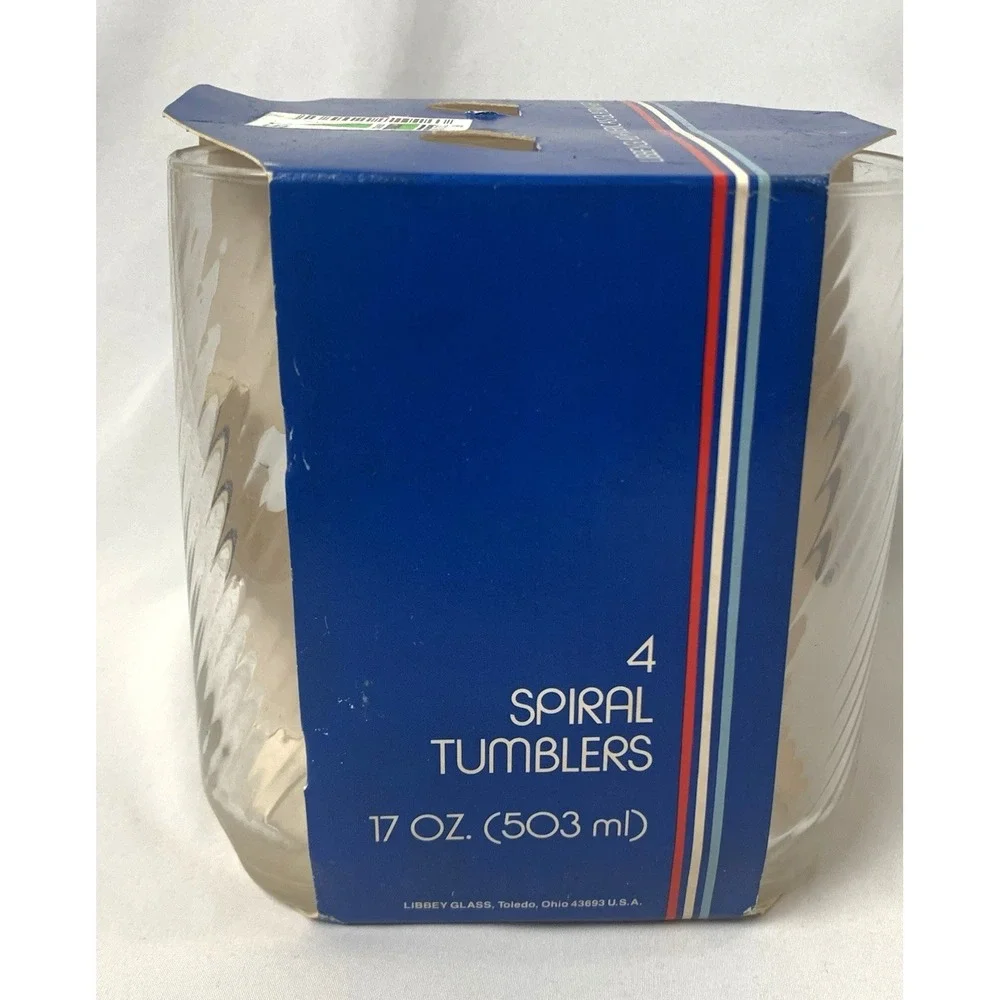 Libbey Spiral Tumblers Glasses Set of 4 in Pkg Old Stock Vintage USA made 17 oz
